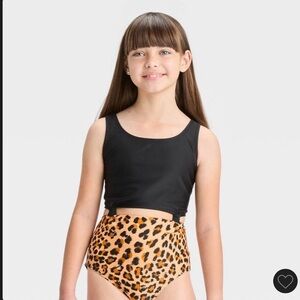 Girls Leopard Print Knotted One Piece Swimsuit Art Class Size Small 6/6X Black